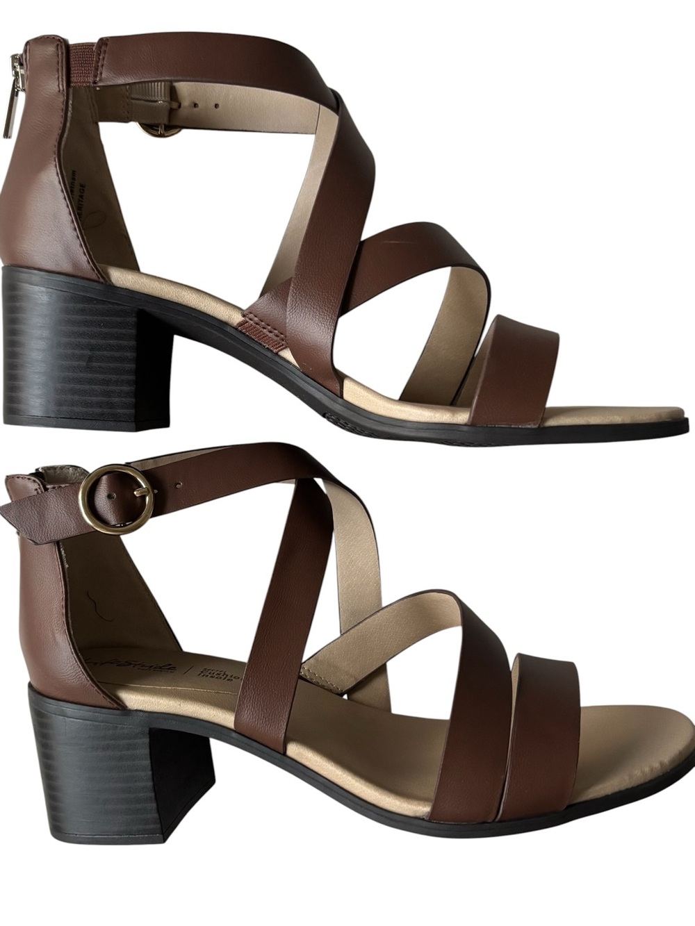Life Stride Brown Strappy Block Heel Sandals with Gold Buckle 8 1/2 W - Picture 4 of 14